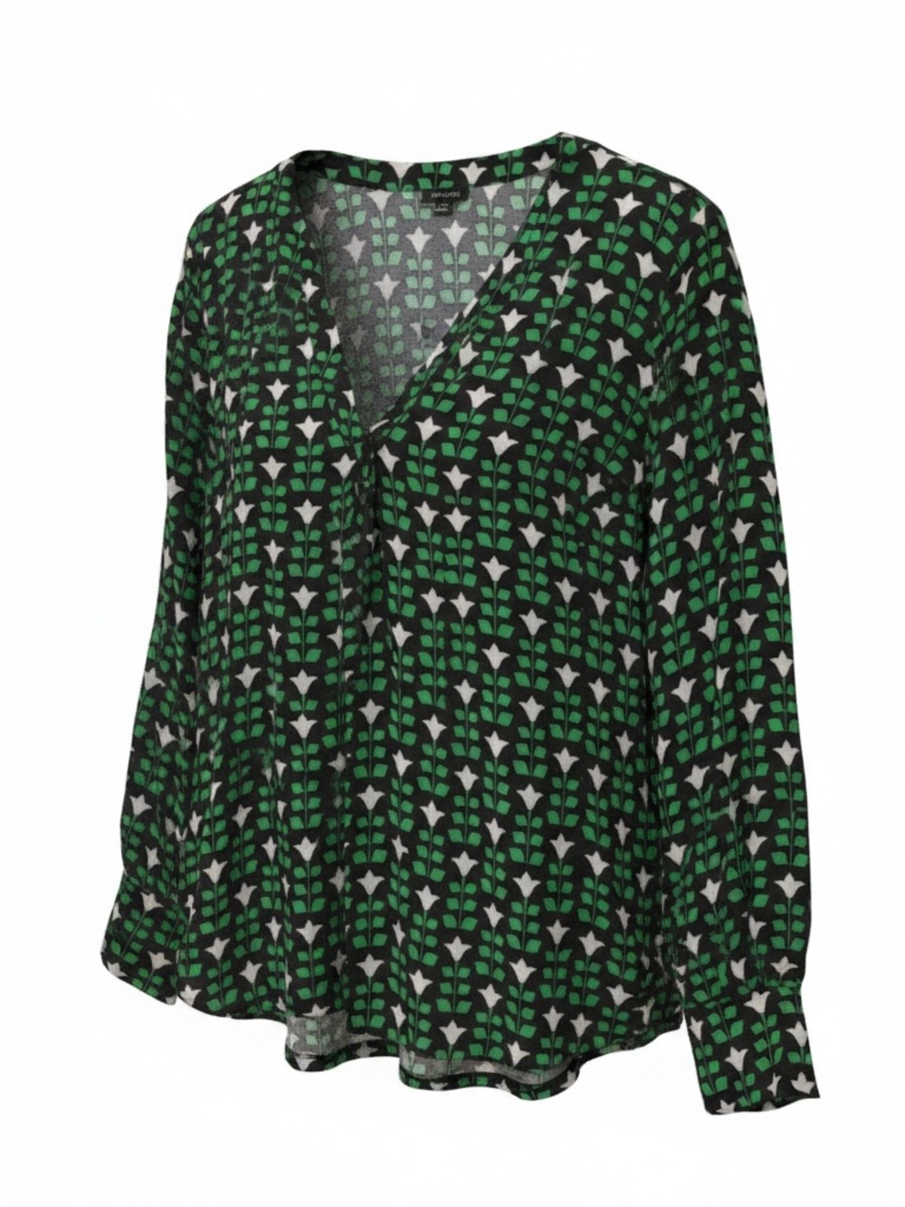 Ann Taylor Black V-Neck Blouse with Green and White Floral Print
